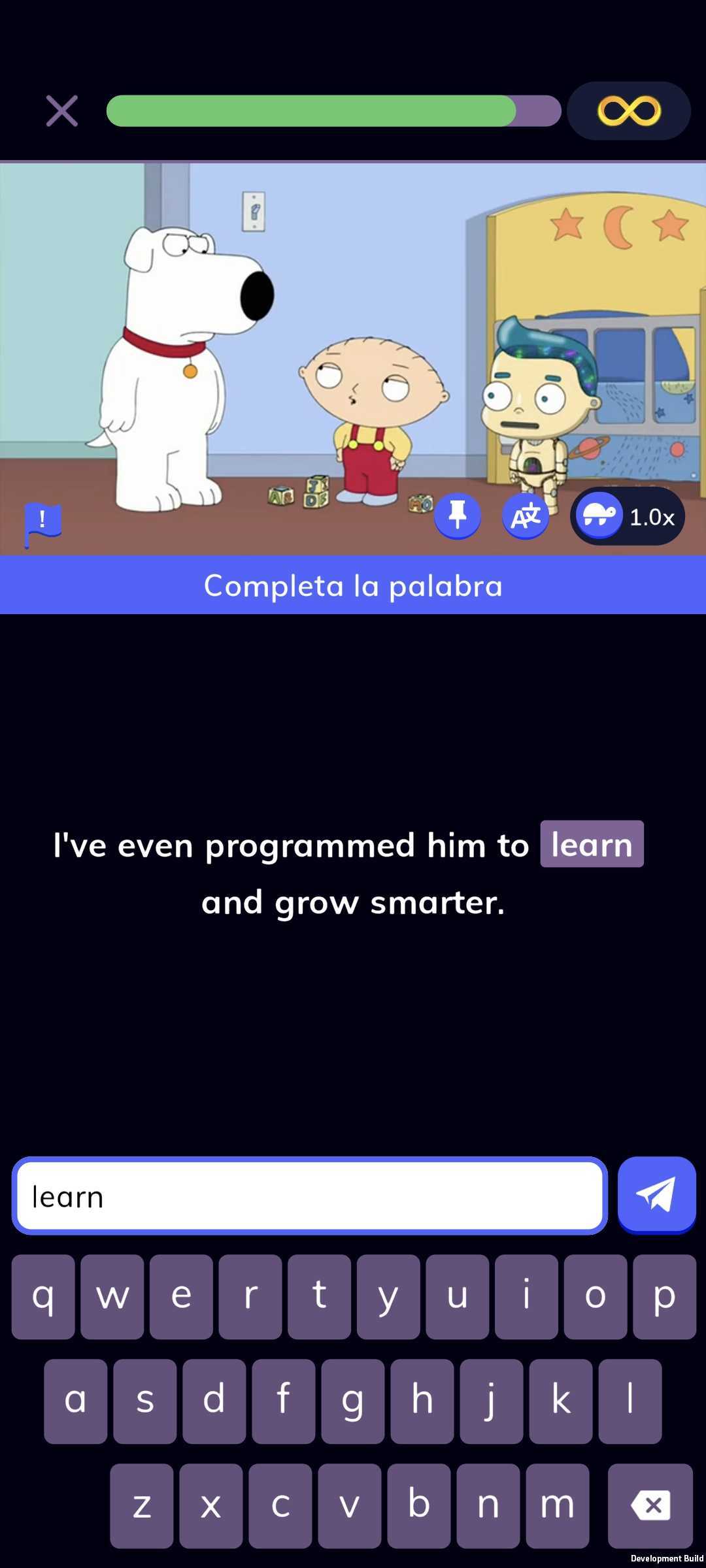 Wordbox lesson screen showing a TV clip and fill-in-the-word exercise