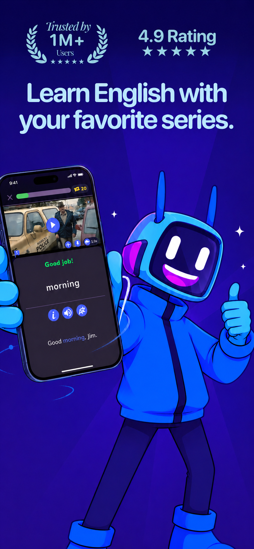 Wordbox lesson preview with TVboy, a phone, and a real English scene